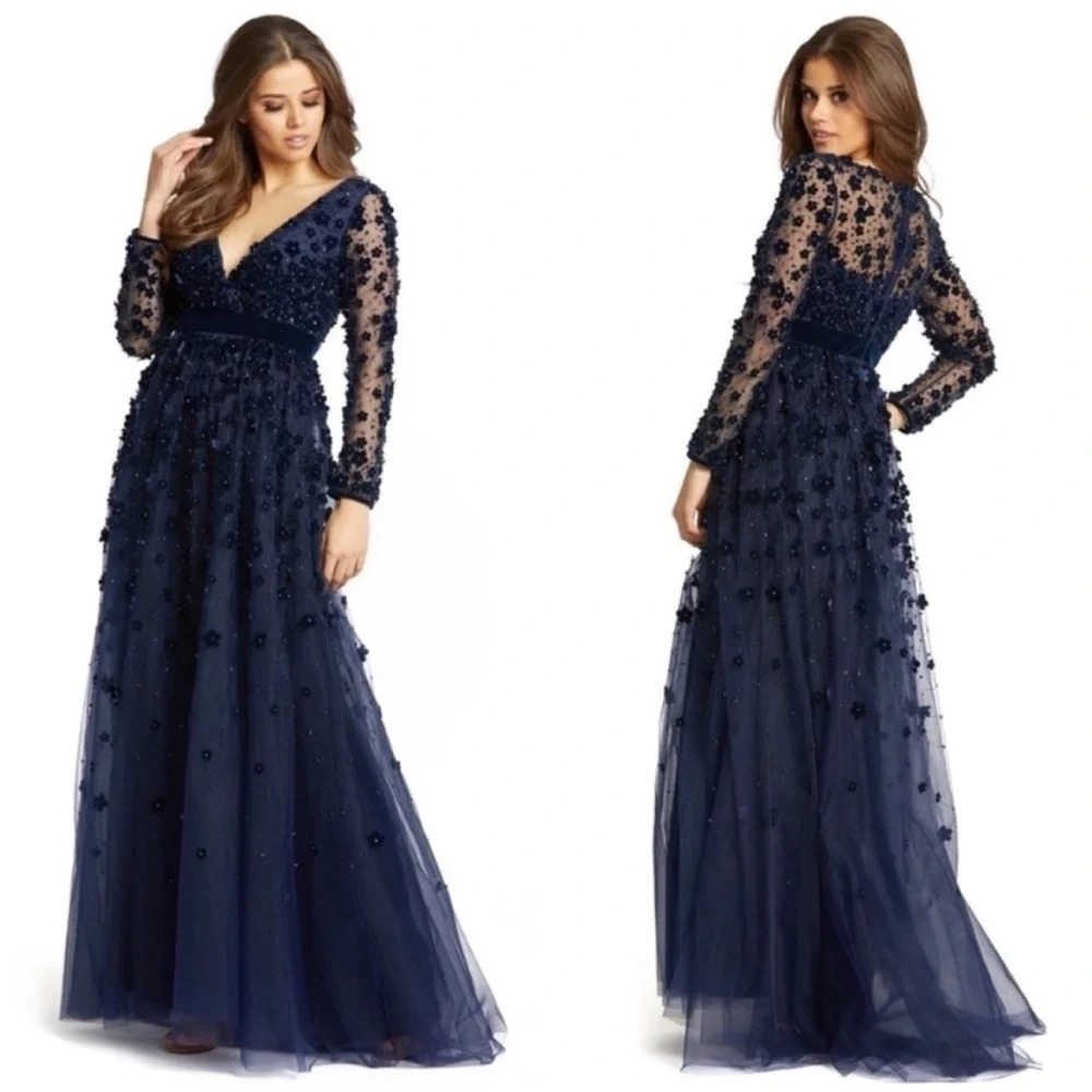 Mac Duggal Navy Embroidered Long Sleeve Tulle Maxi Dress